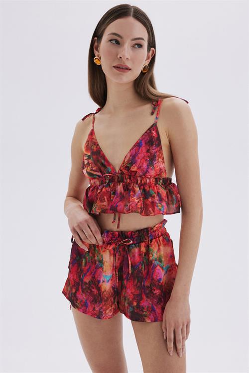 Seille Patterned Satin Strappy Short Pijama Set