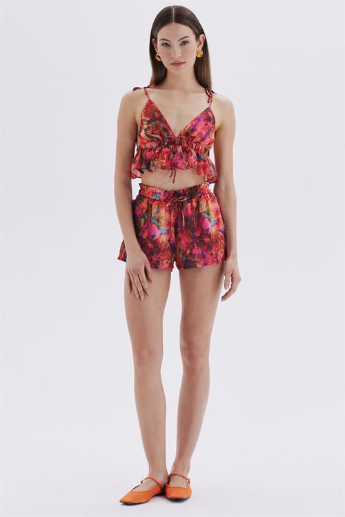 Seille Patterned Satin Strappy Short Pijama Set