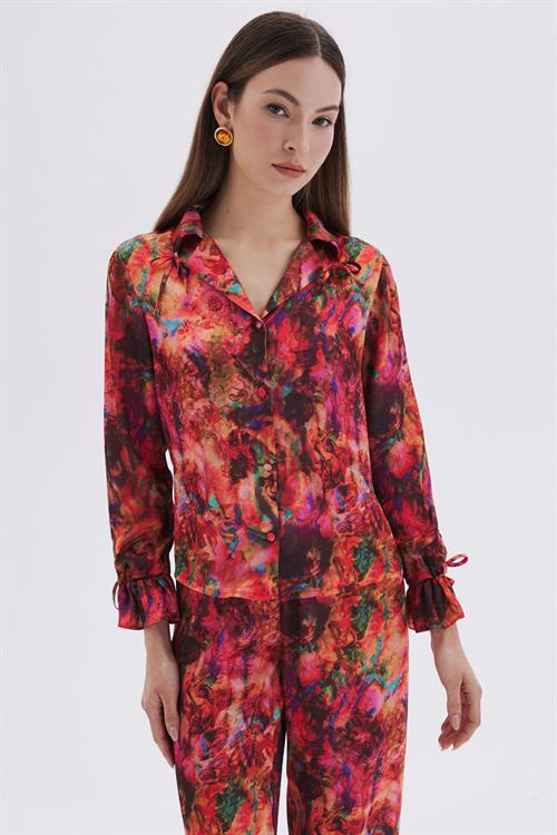 Seille Patterned Satin Long Pajama Set