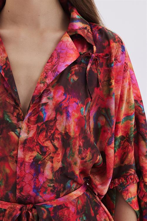 Seille Desenli Uzun Saten Sabahlık / Kimono