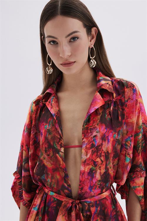 Seille Desenli Uzun Saten Sabahlık / Kimono