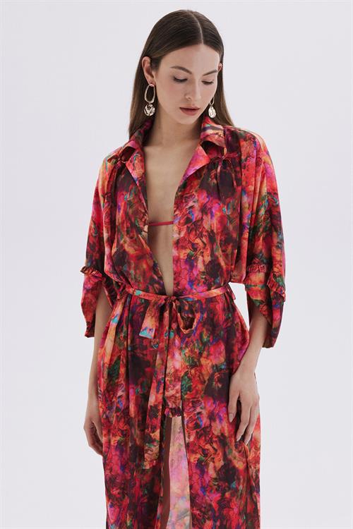 Seille Desenli Uzun Saten Sabahlık / Kimono
