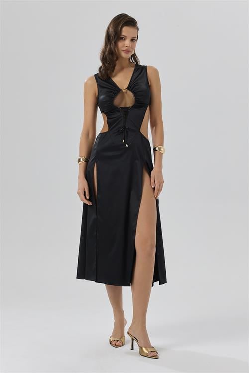 Sensure Siyah Esnek Saten Tül Detaylı V Yaka Uzun Gecelik