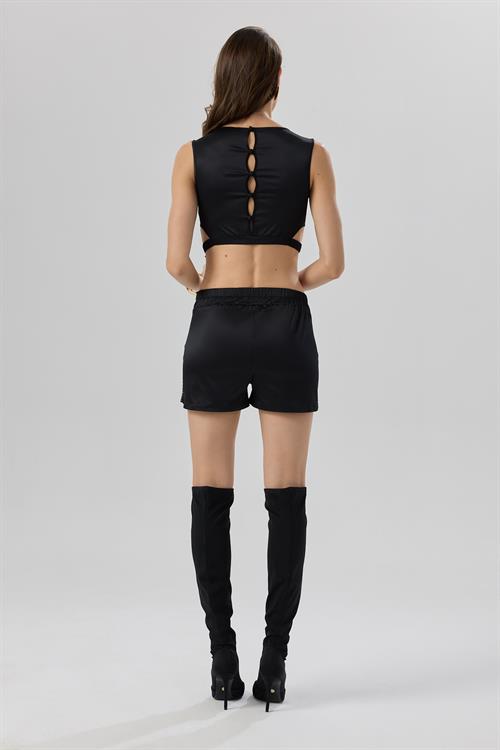 Sensure Siyah Esnek Saten Tül Detaylı Kısa Pijama Takımı