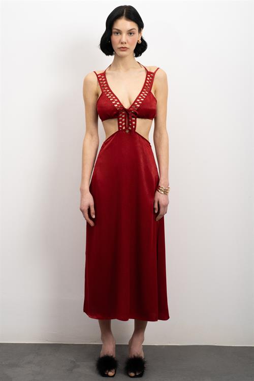 Tearer Grogren Detailed Satin Bordeaux Long Nightgown