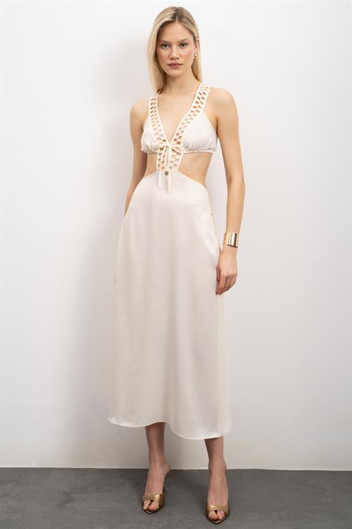 Tearer Grogren Detailed Satin Ecru Long Nightgown