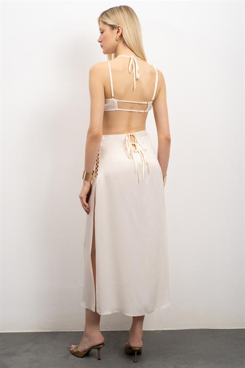 Tearer Grogren Detailed Satin Ecru Long Nightgown