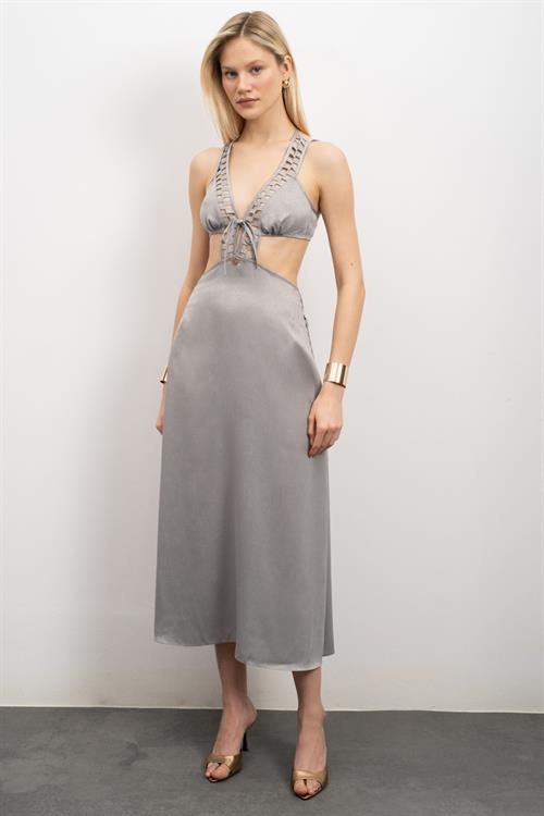 Tearer Grogren Detailed Satin Grey Long Nightgown