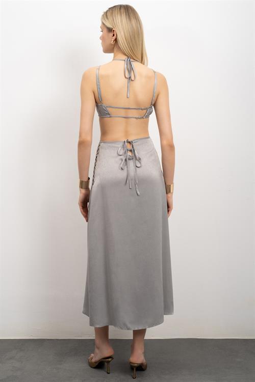 Tearer Grogren Detailed Satin Grey Long Nightgown