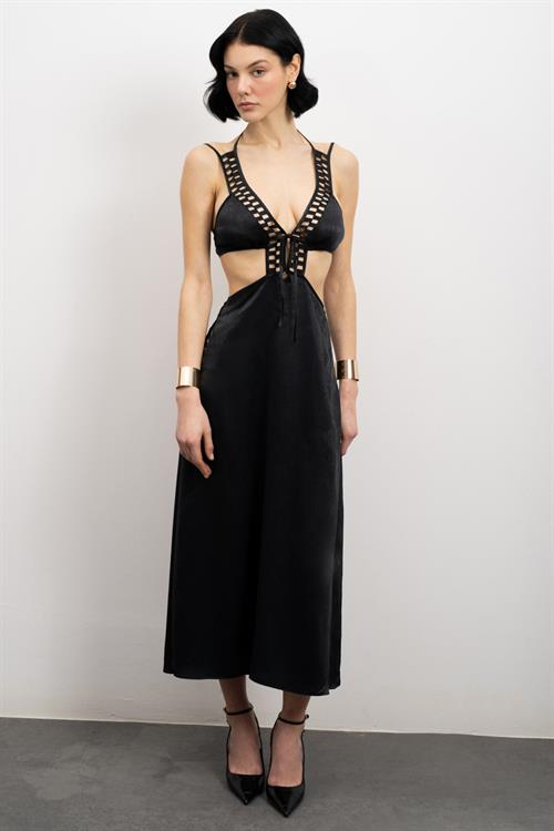 Tearer Grogren Detailed Satin Black Long Nightgown