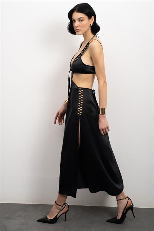 Tearer Grogren Detailed Satin Black Long Nightgown