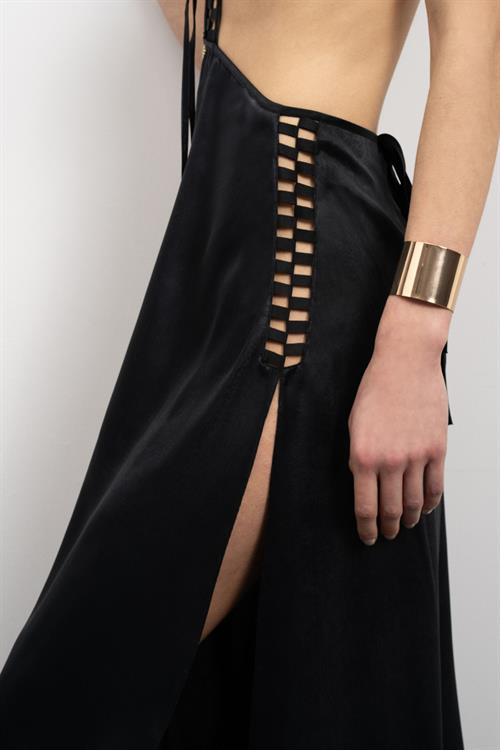 Tearer Grogren Detailed Satin Black Long Nightgown