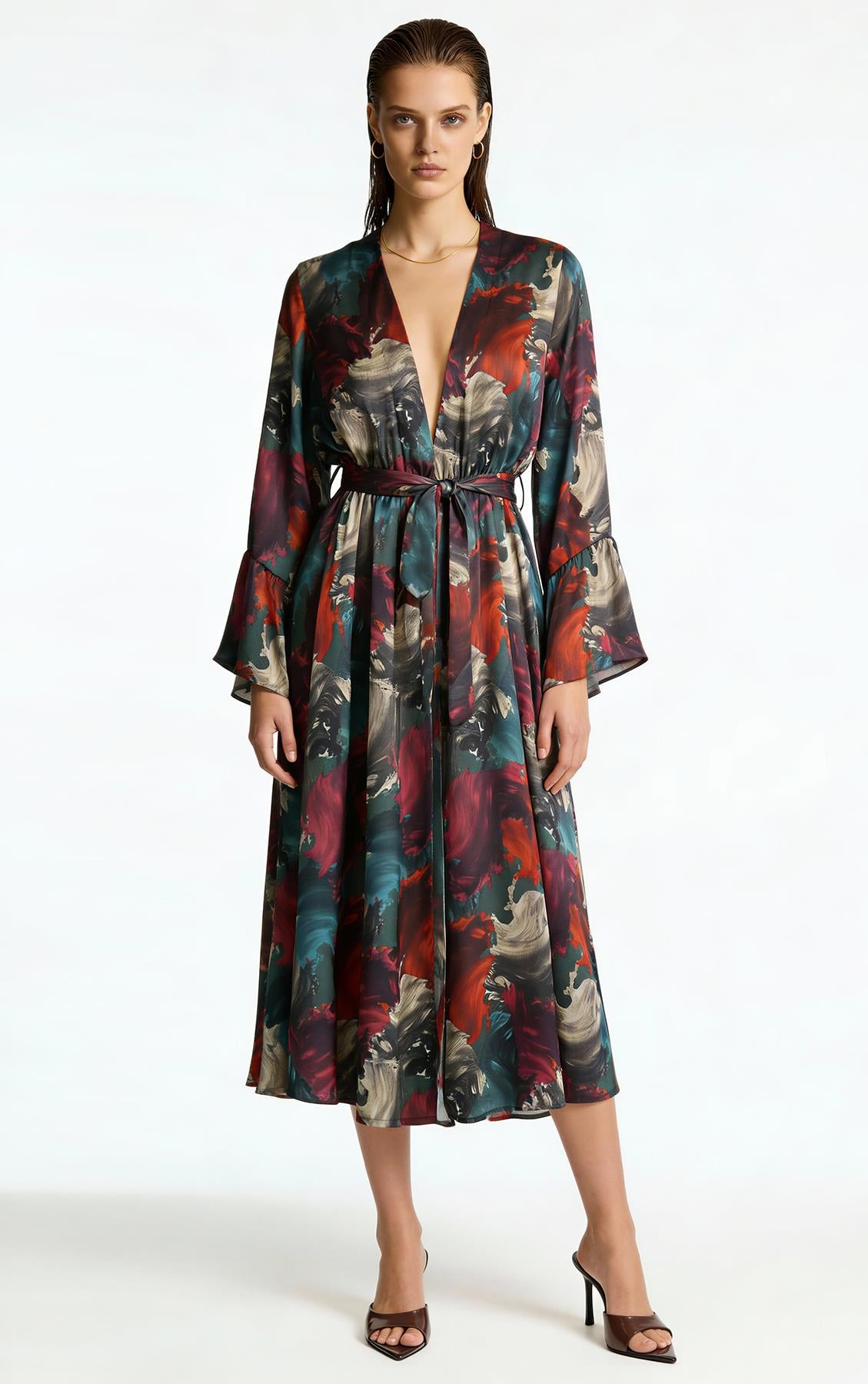 Roxela Длинный атласный халат/кимоно с узором