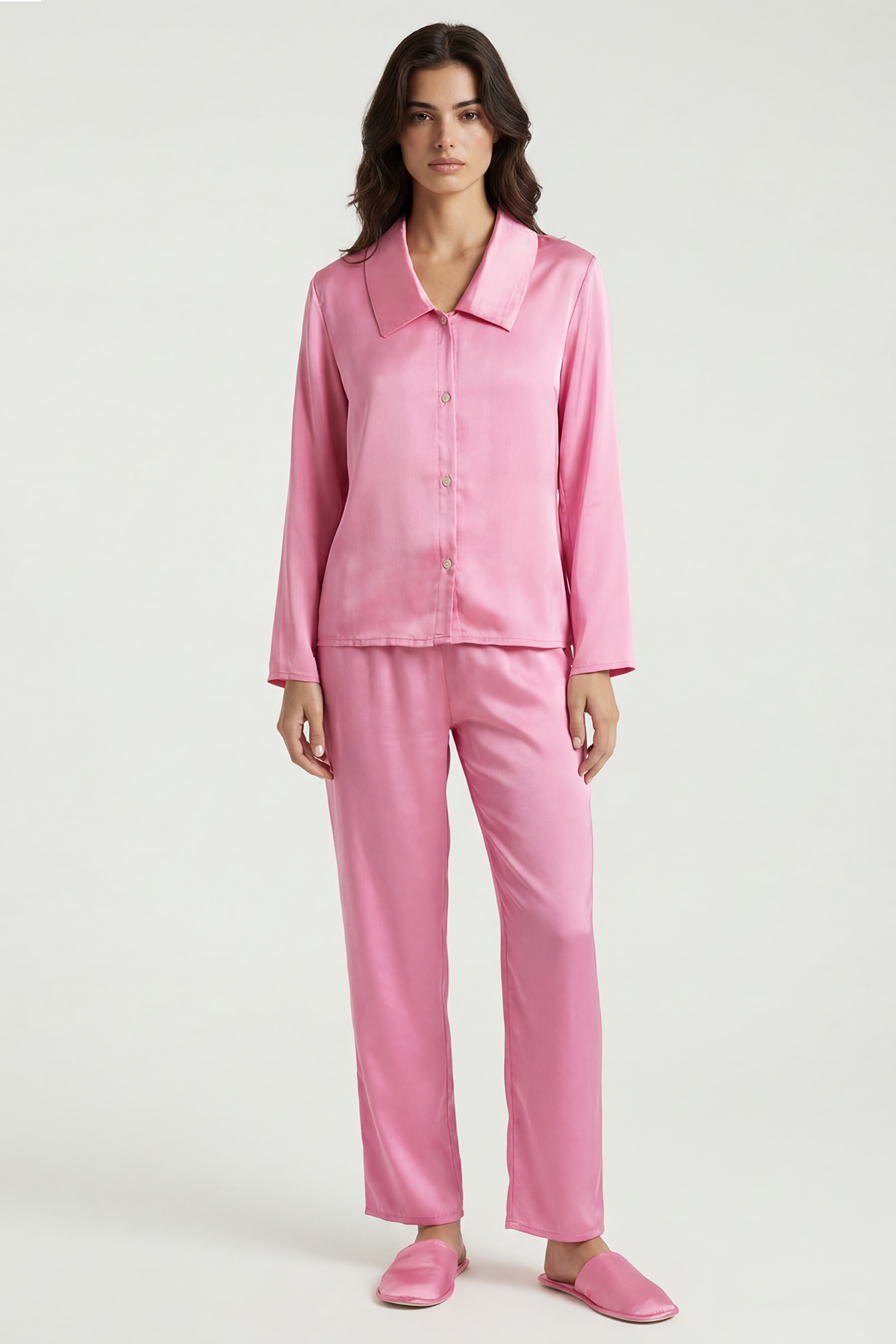 Amoris Длинный атласный пижамный комплект конфетно-розового цвета