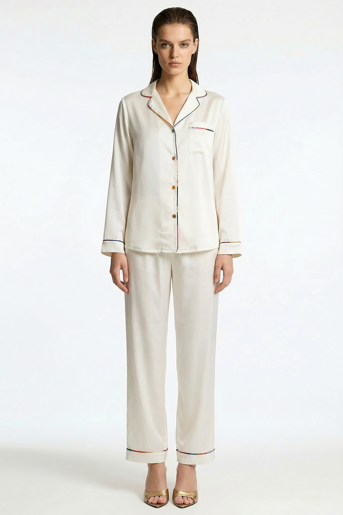 Colorex Длинный атласный пижамный комплект кремового цвета