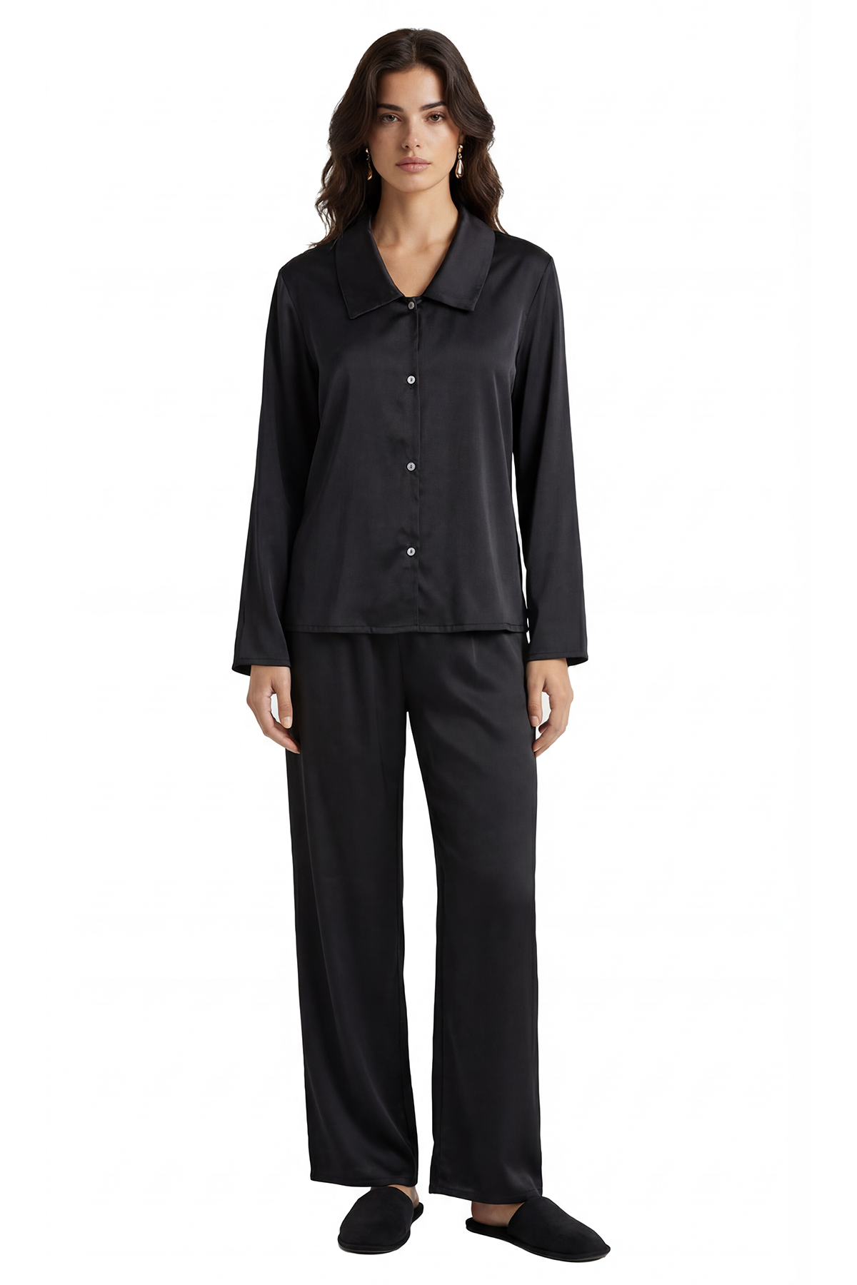 Amoris Черный длинный атласный пижамный комплект