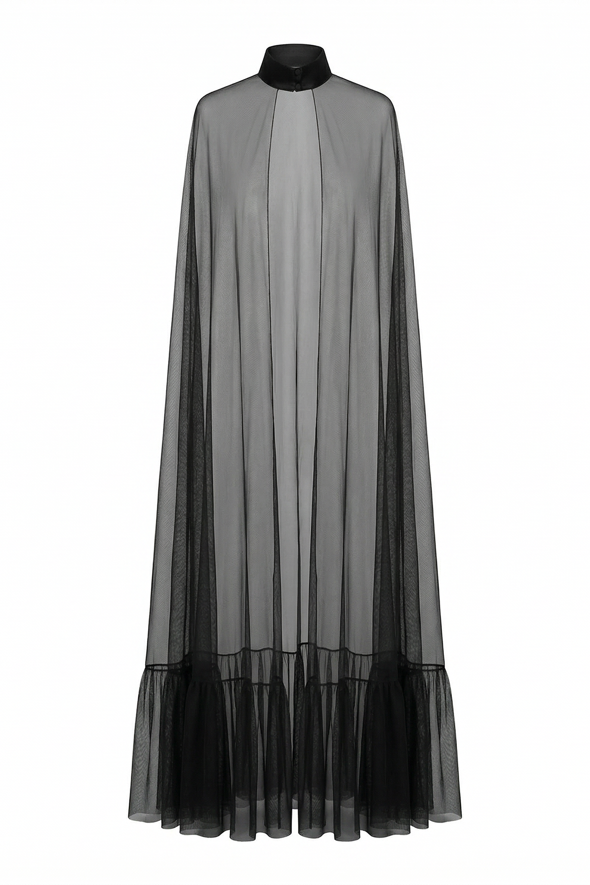 Voile Siyah Saten Düğmelii Tül Pelerin