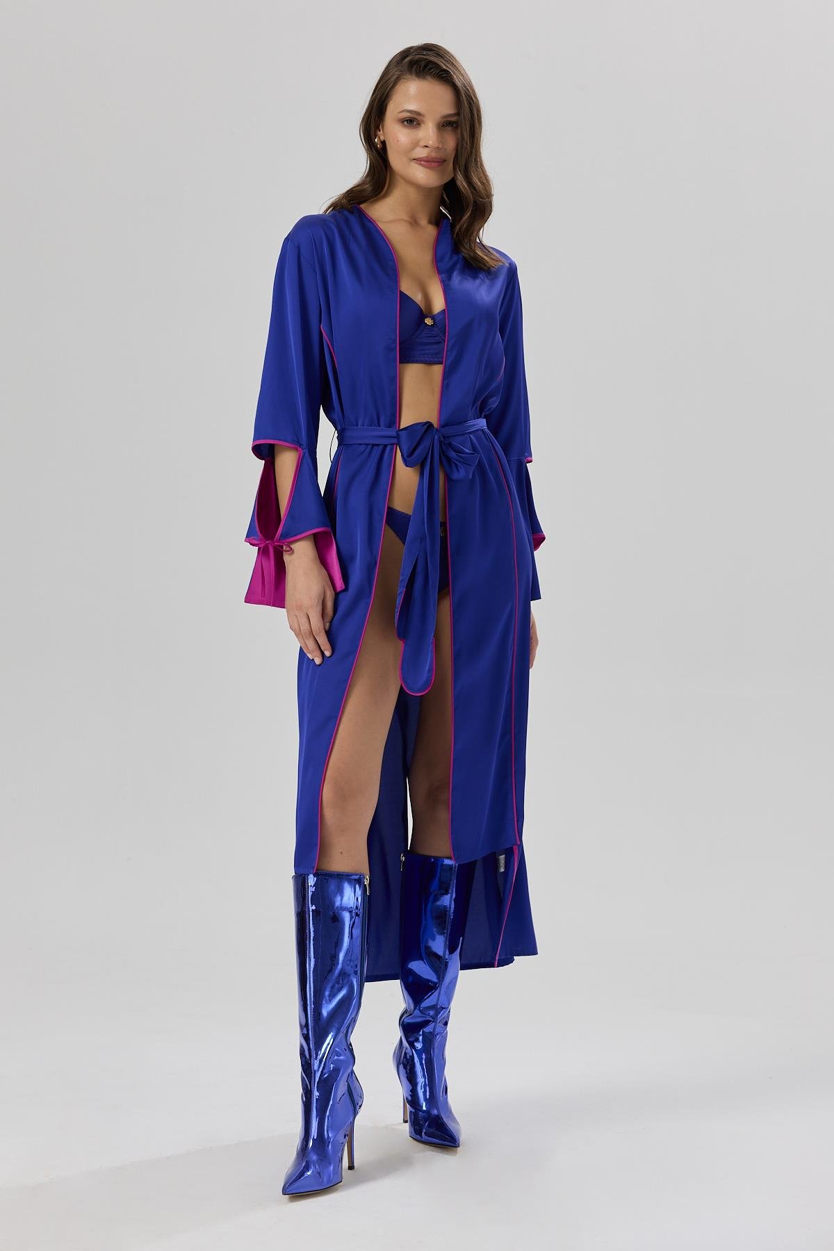 Addria Saks Mavisi Uzun Saten Sabahlık / Kimono