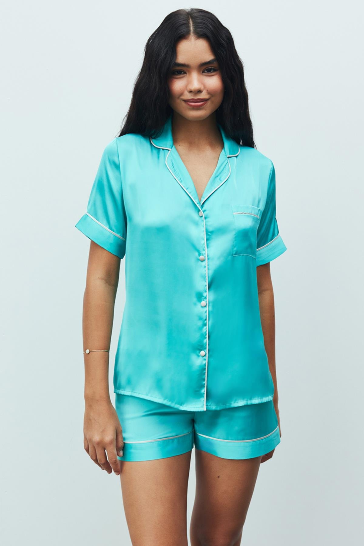 Amoureux Satin Turquoise Short Pajama Set