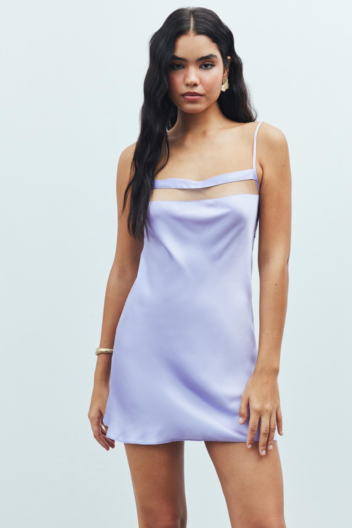 Aveugle Tül Detaylı Lila Askılı Kısa Saten Gecelik