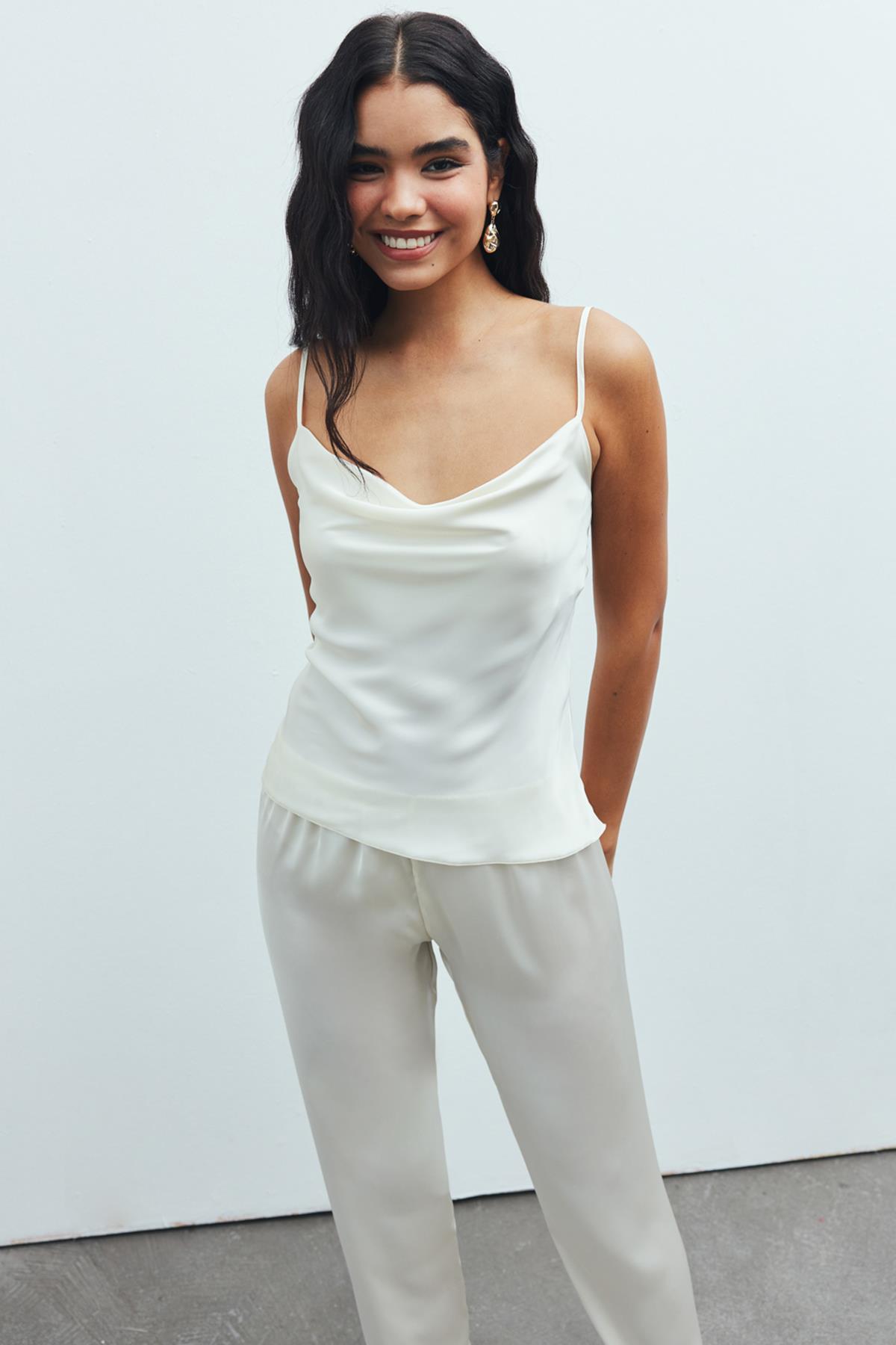 Brûleur Satin Ecru Degaje Collar Strap Long Pajama Set