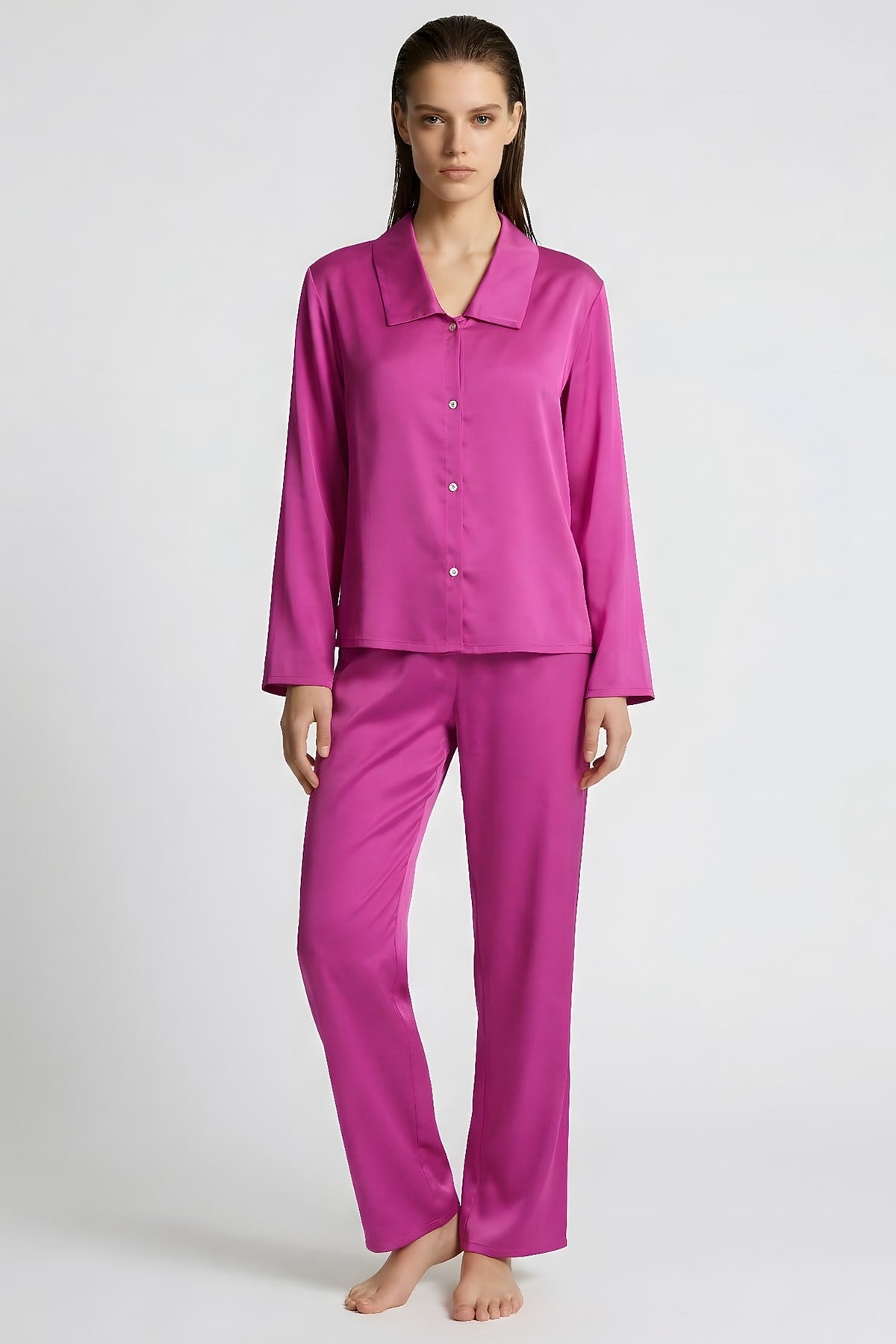 Amoris Fuşya Uzun Saten Pijama Takımı