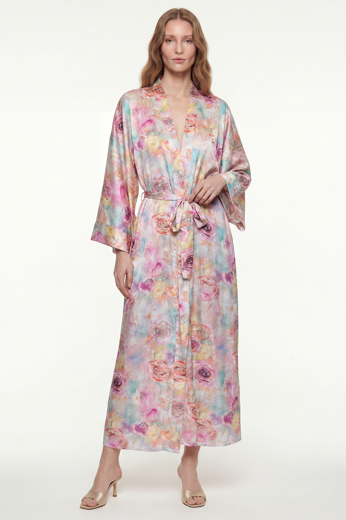 Frappant Marguerite Desenli Uzun Saten Sabahlık / Kimono