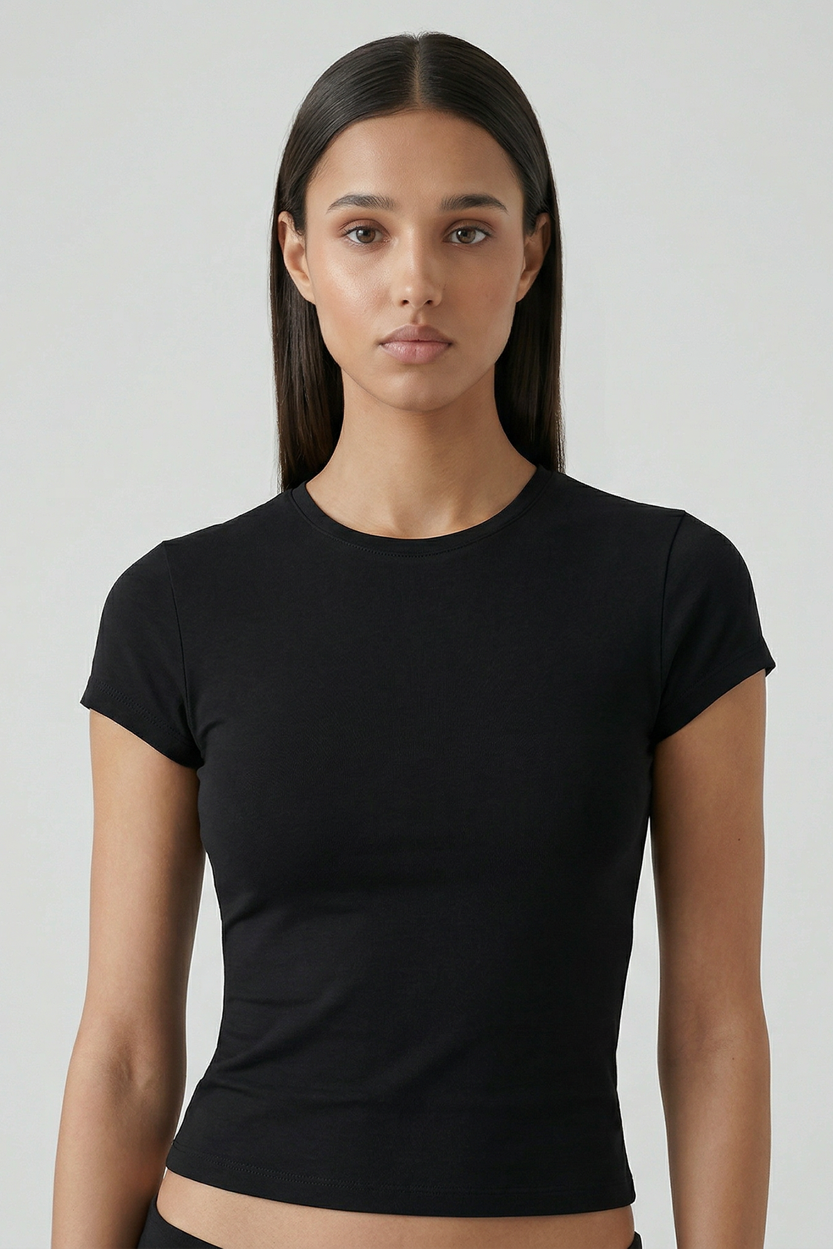 Cotvie Siyah Pamuklu Bisiklet Yaka T-shirt