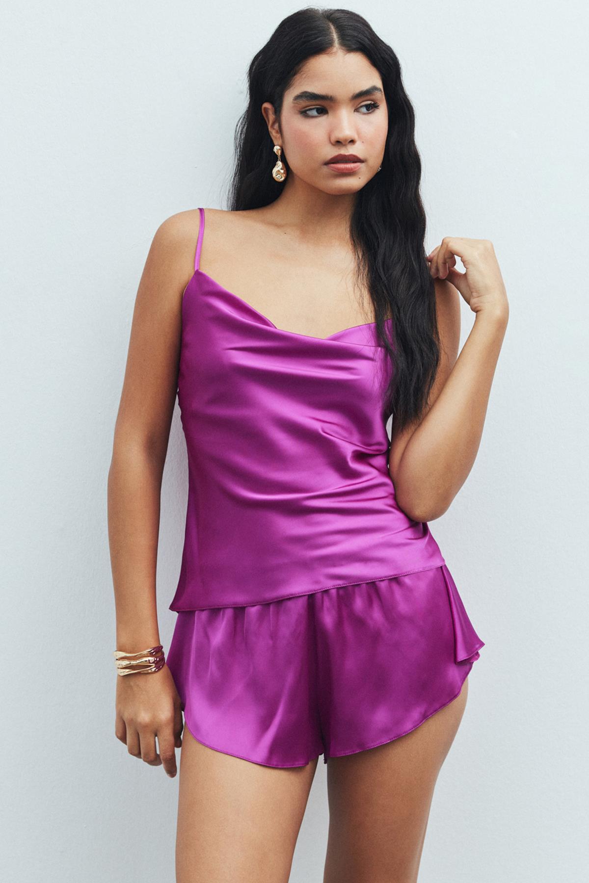 Caché Satin Fuchsia Degaje Collar Strap Short Pajama Set