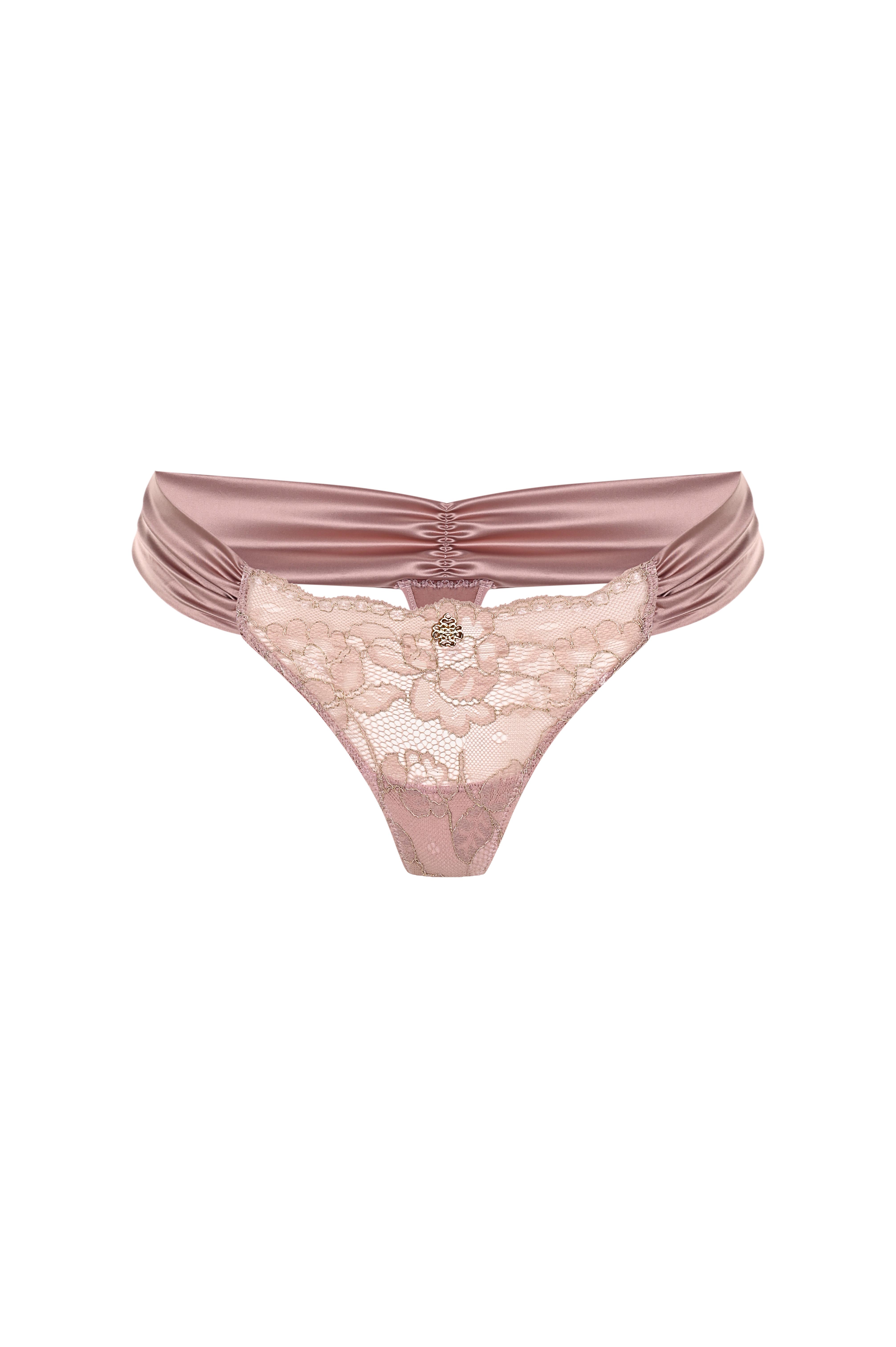 Camile Gül Kurusu Saten Büzgülü Dantelli Tanga