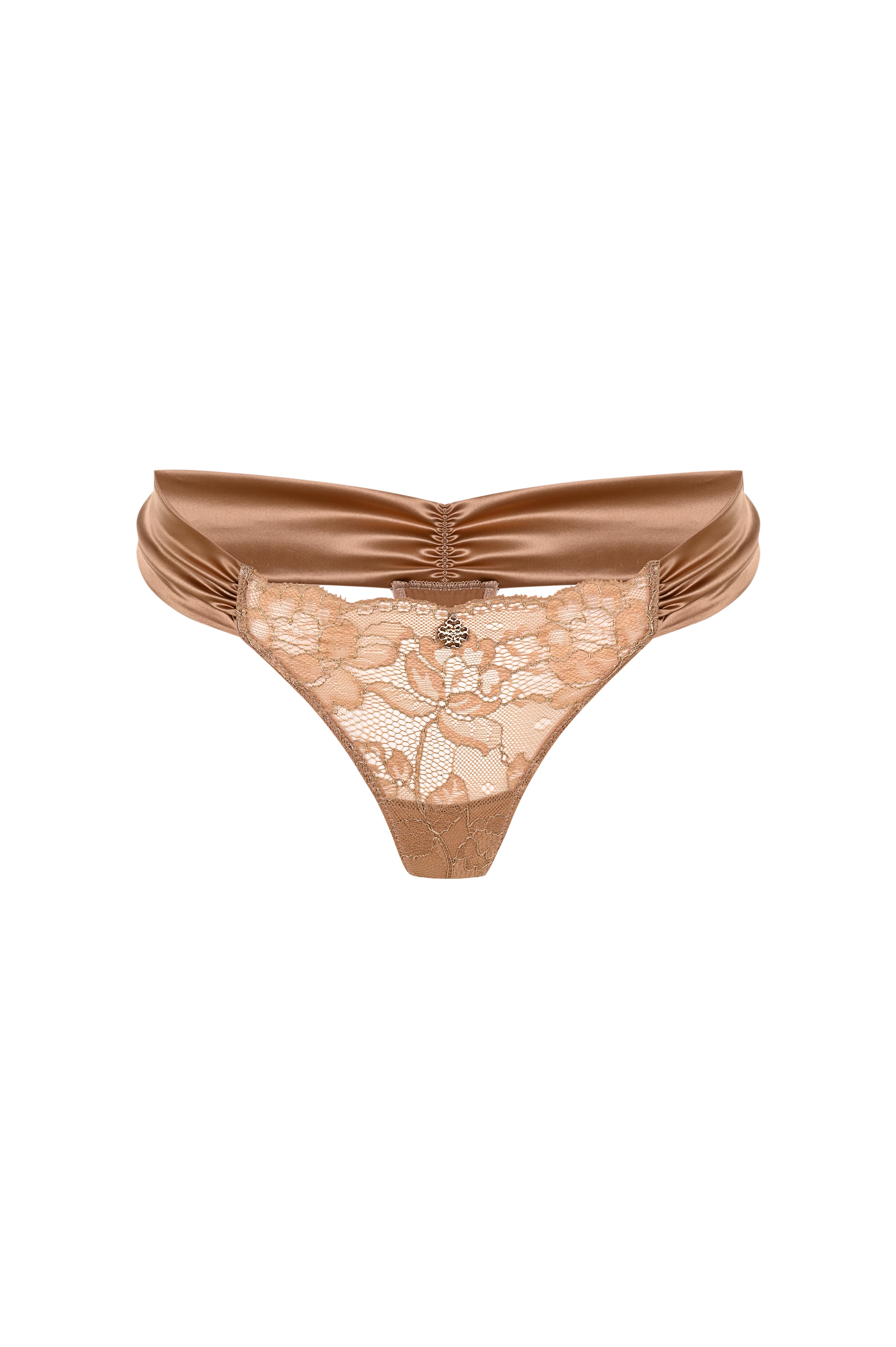 Camile Kahve Saten Büzgülü Dantelli Tanga