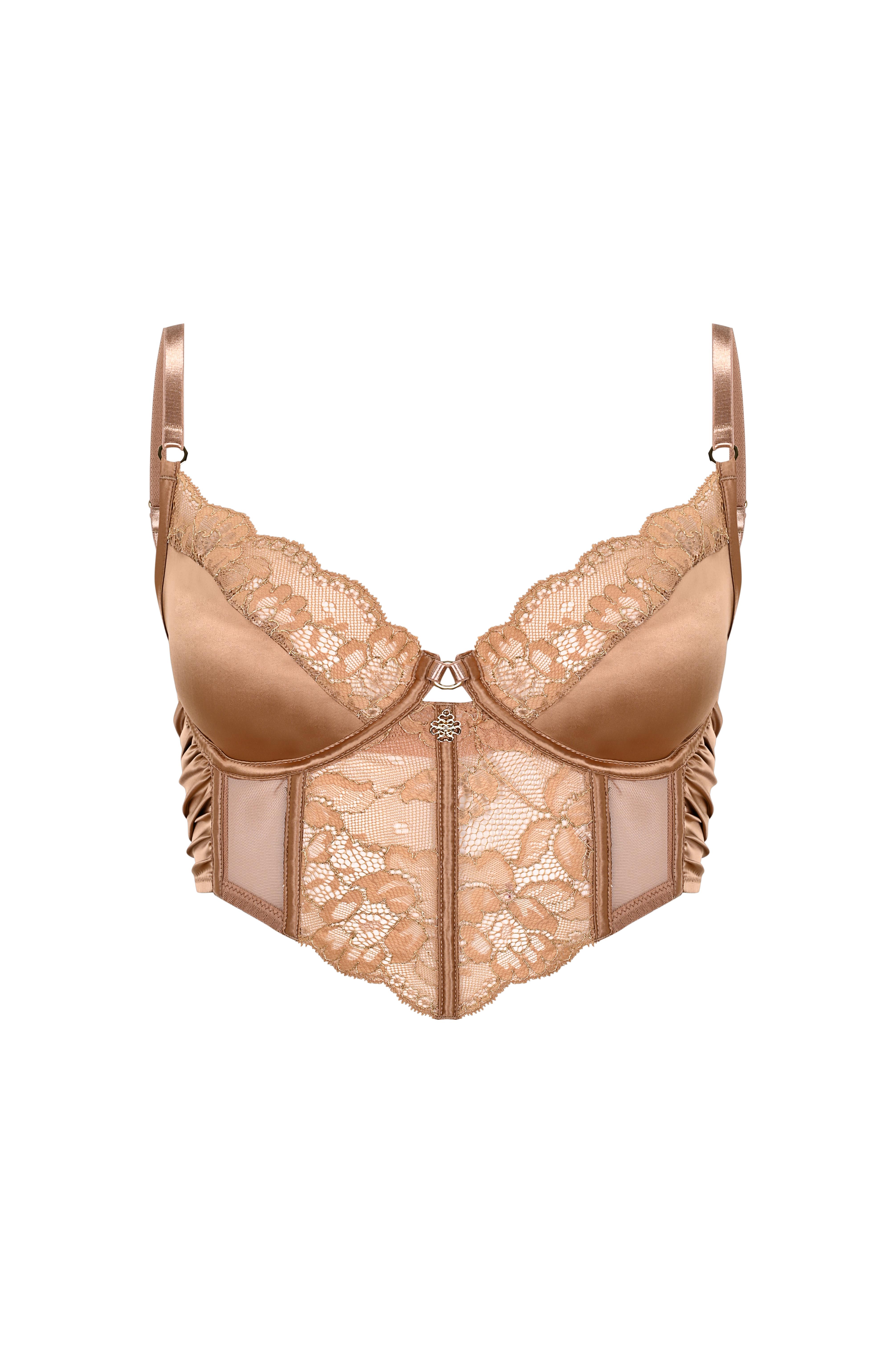 Camile Kahve Saten Dantelli Korseli Sütyen