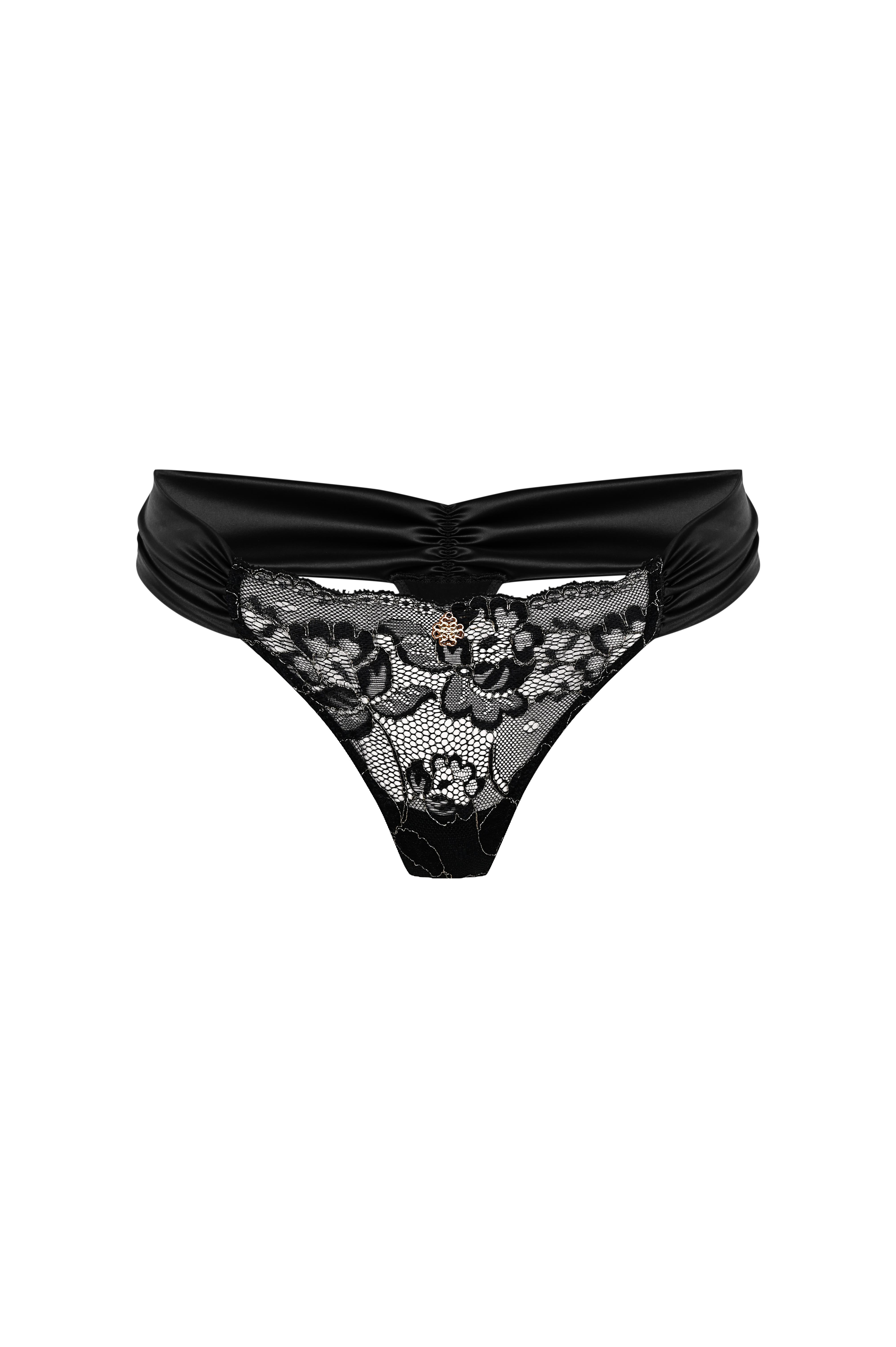 Camile Siyah Saten Büzgülü Dantelli Tanga