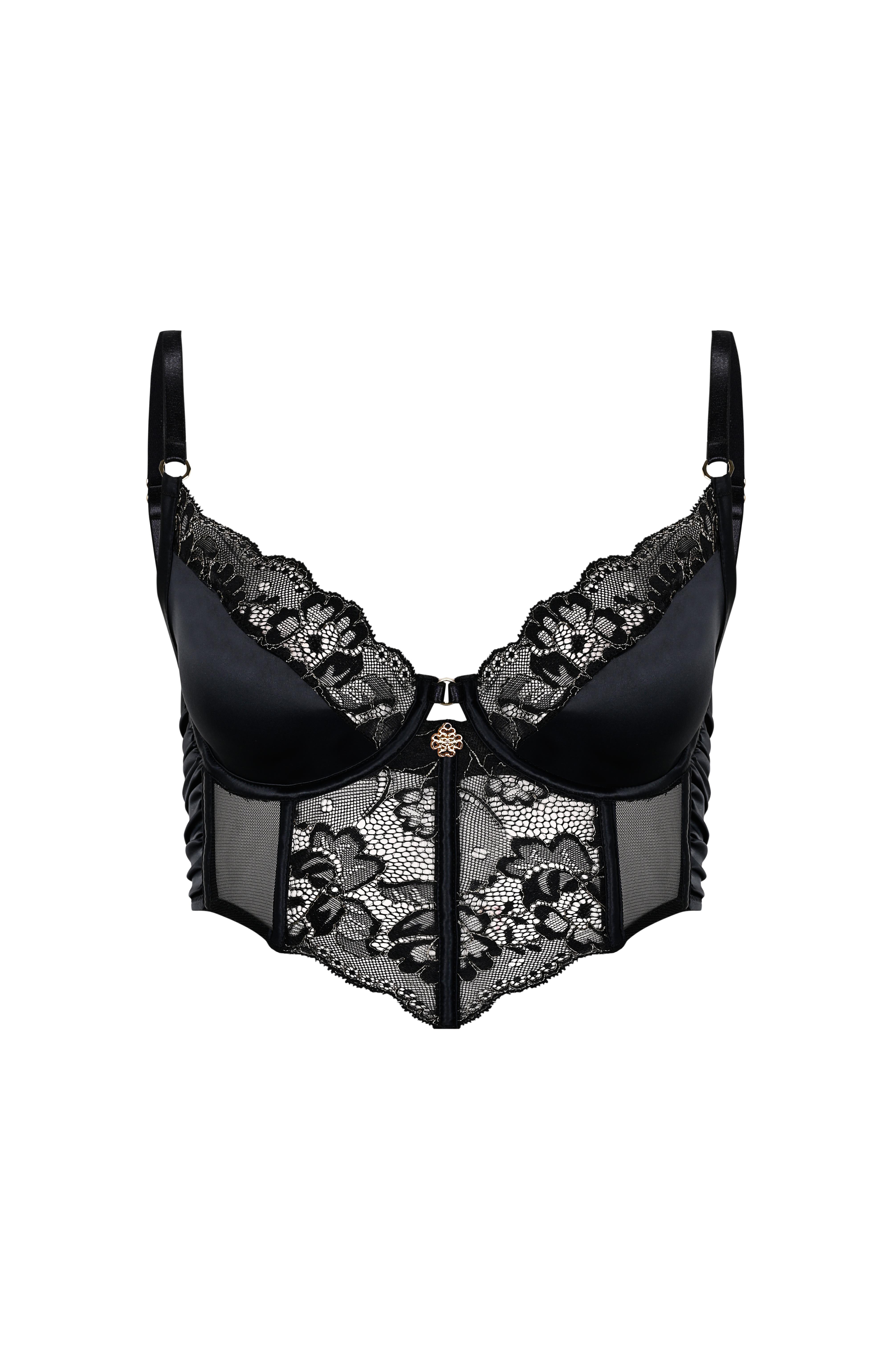 Camile Siyah Saten Dantelli Korseli Sütyen