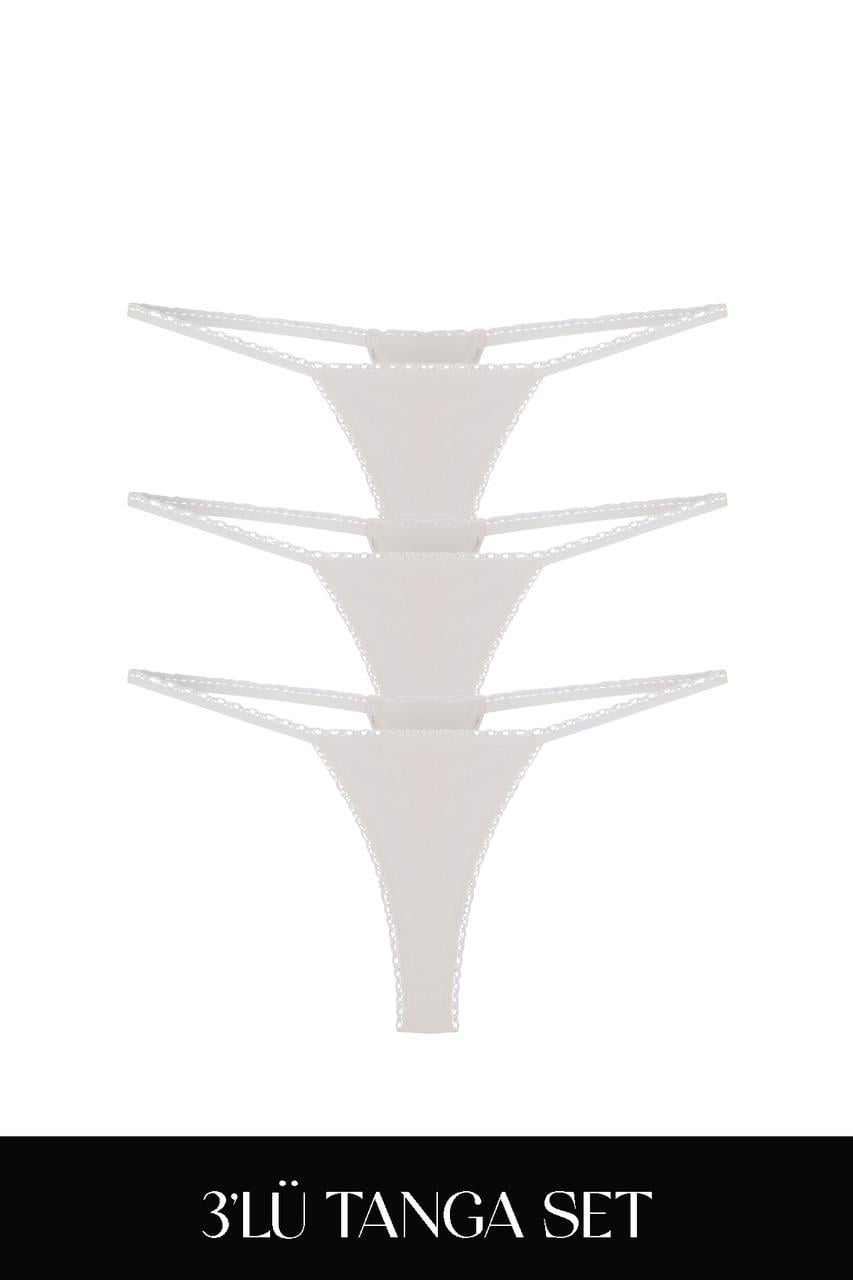 Cotvie Комплект из трех предметов: трусики-стринги из хлопка кремового цвета.
