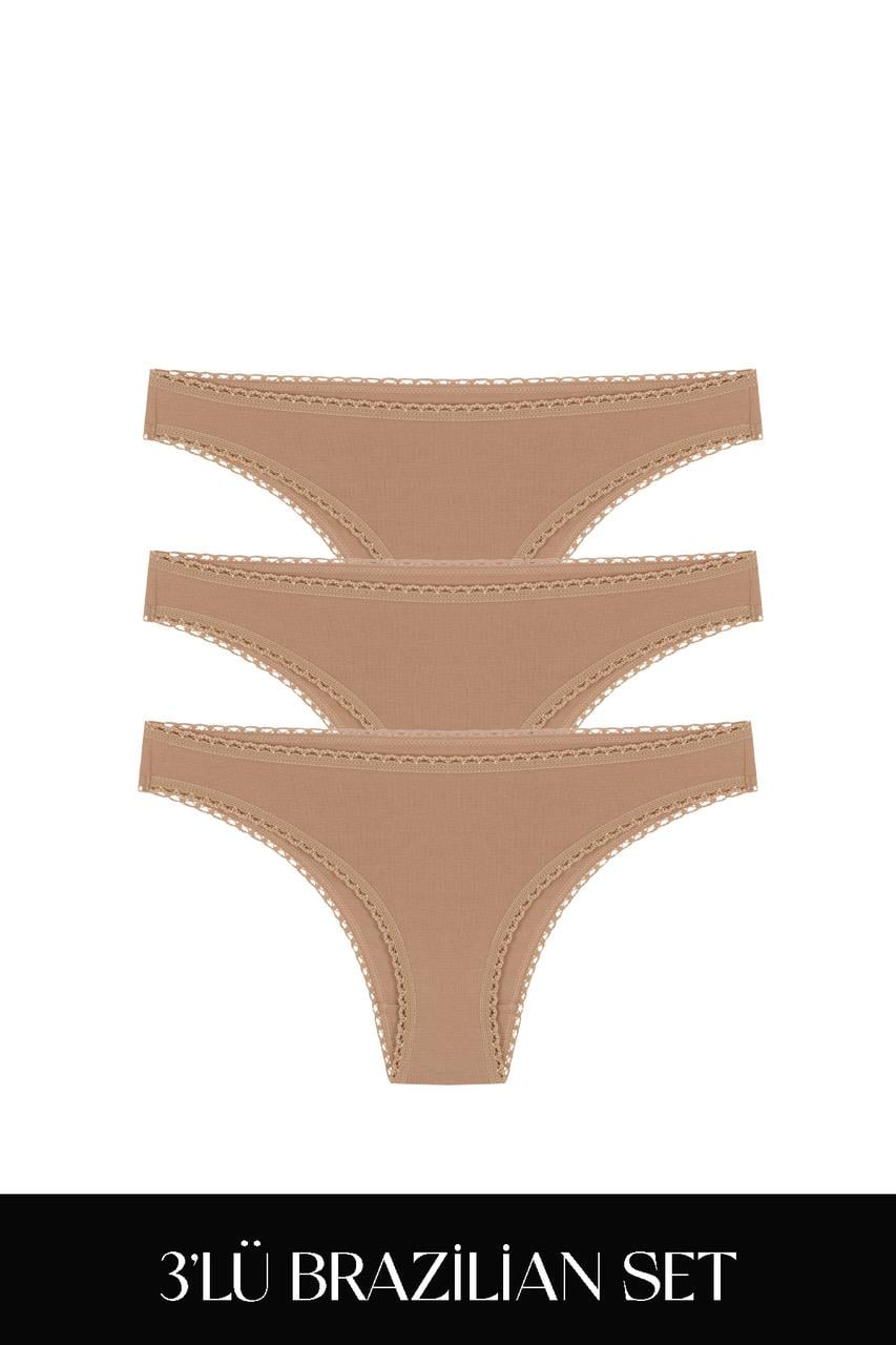 Cotvie Комплект из трех предметов: бразильские хлопковые трусики кофейно-коричневого цвета.