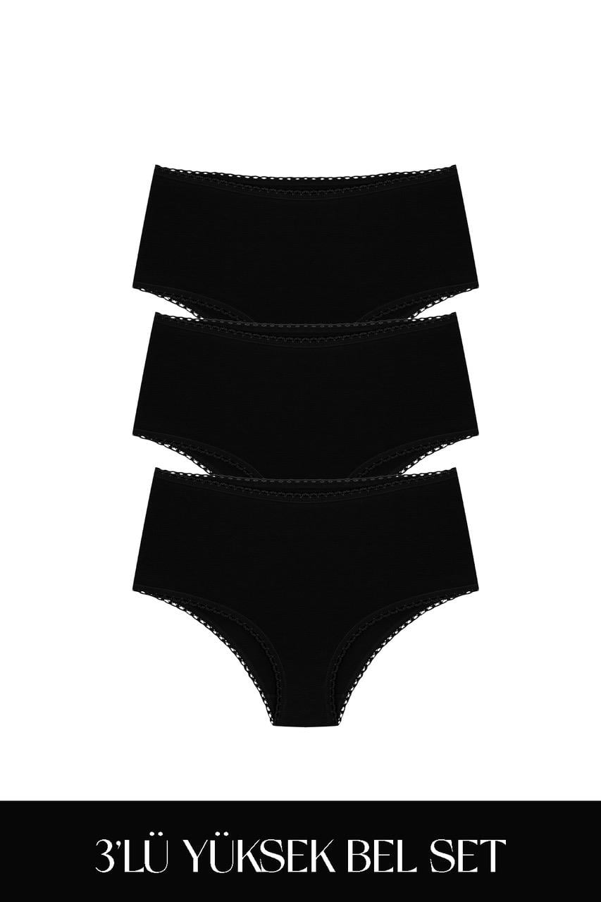 Cotvie Черный хлопковый комплект из трех предметов: трусики с высокой талией.