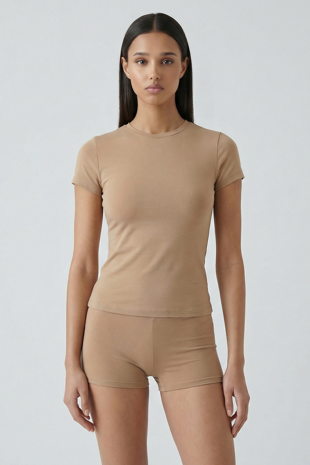 Cotvie Kahve Pamuklu Bisiklet Yaka T-shirt