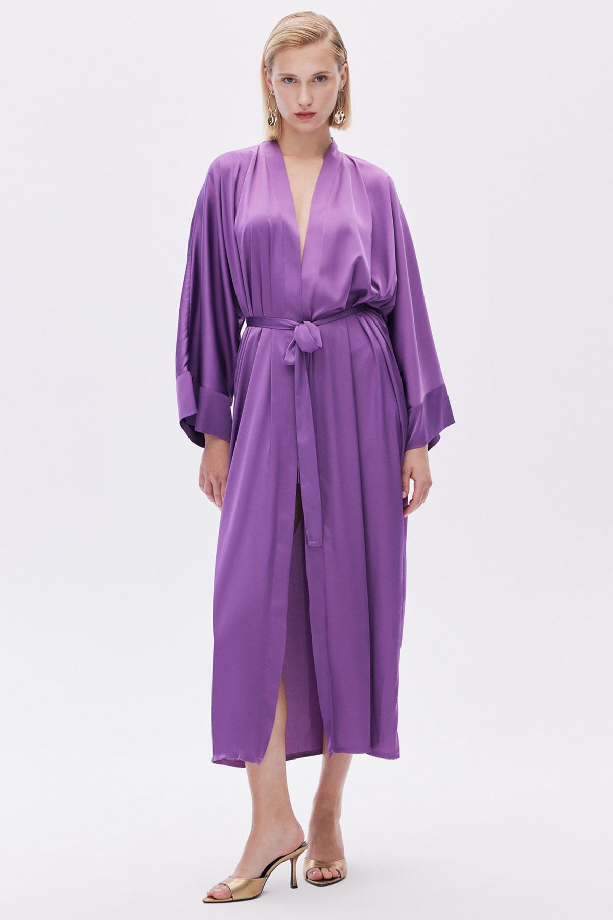 Frappant Eflatun Uzun Saten Sabahlık / Kimono