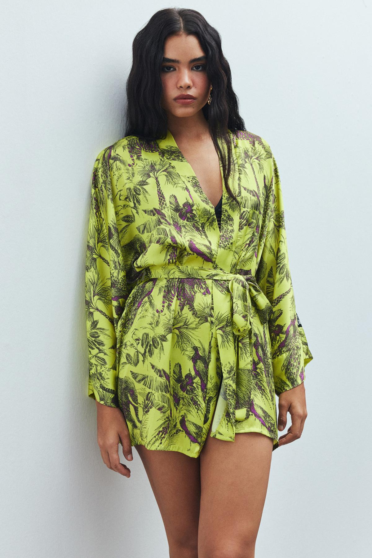 Fumée Jardin Desenli Kısa Saten Sabahlık / Kimono