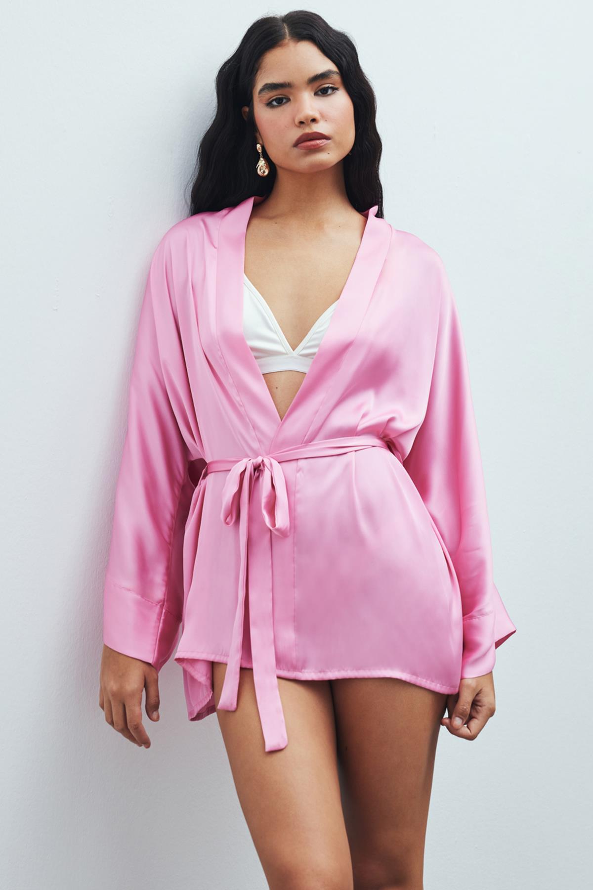Fumée Şeker Pembesi Kısa Saten Sabahlık / Kimono
