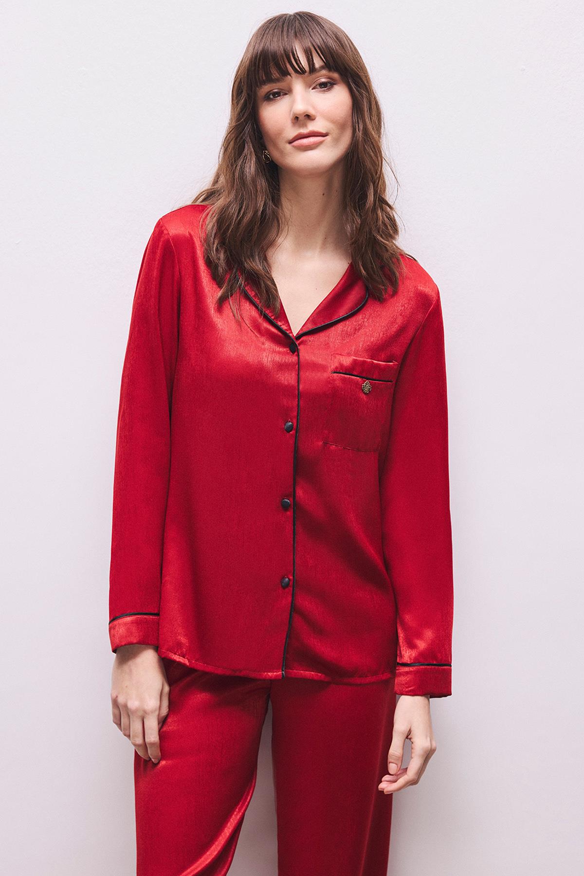 Huly Saten Bordo Uzun Pijama Takım