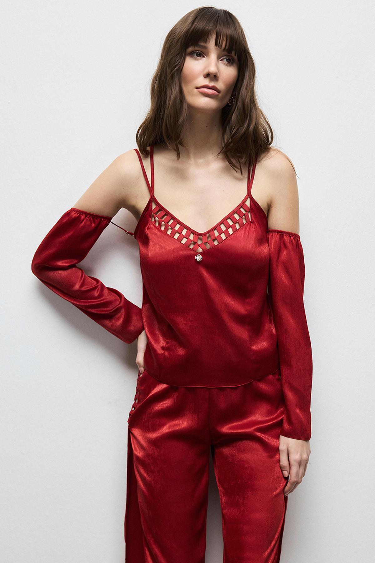 Lax Grogren Detailed Satin Bordeaux Long Pajama Set