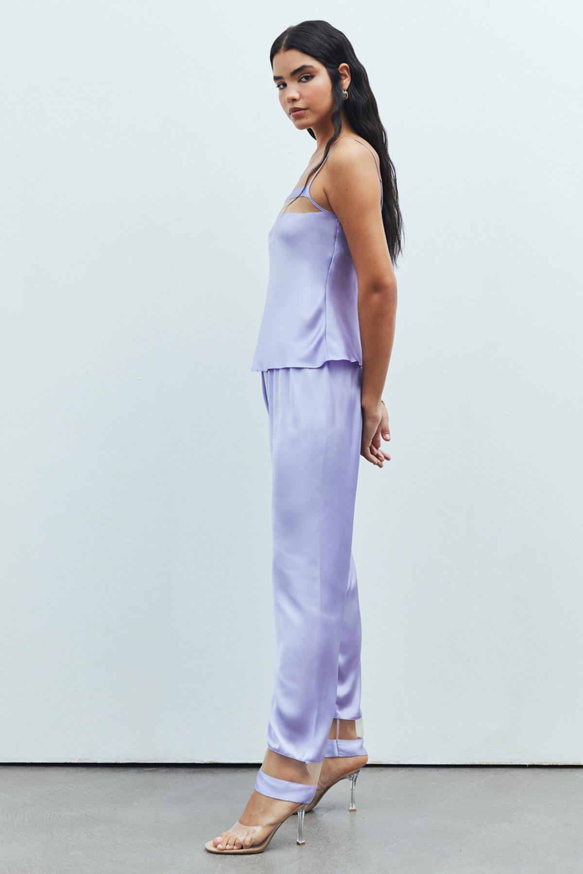Libre Tulle Detailed Satin Lilac Strap Long Pajama Set