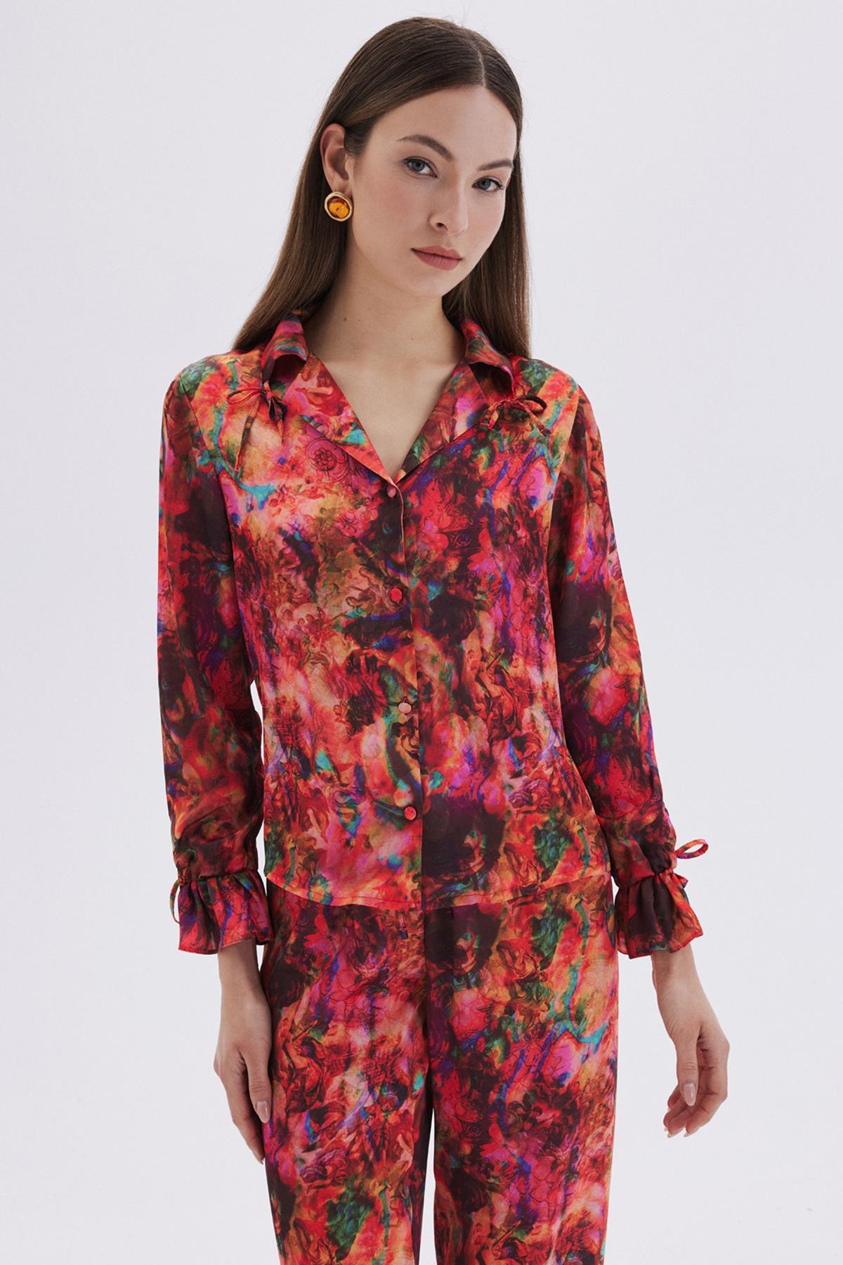 Seille Desenli Uzun Saten Pijama Takımı