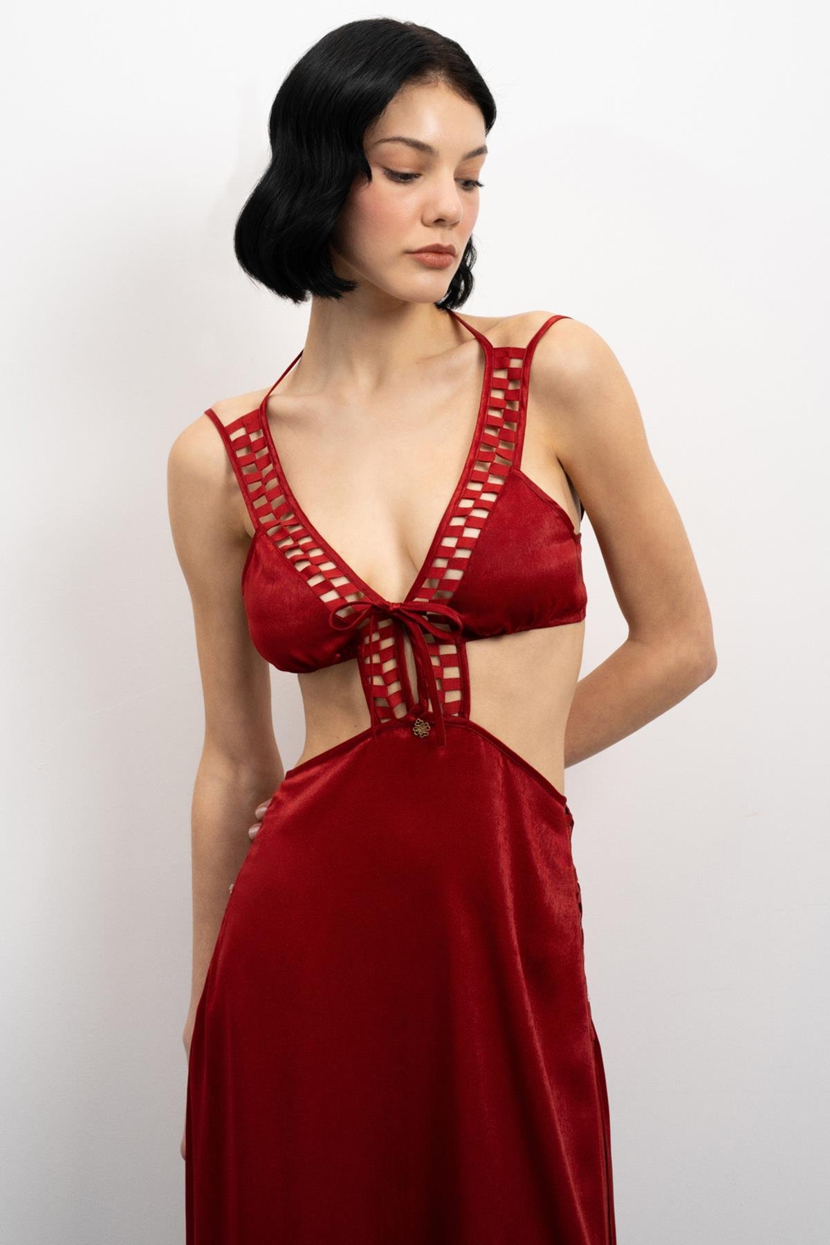 Tearer Grogren Detailed Satin Bordeaux Long Nightgown