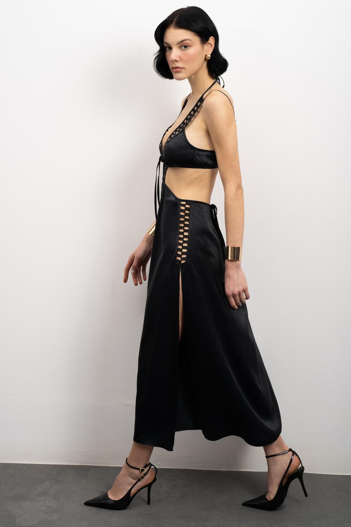 Tearer Grogren Detailed Satin Black Long Nightgown