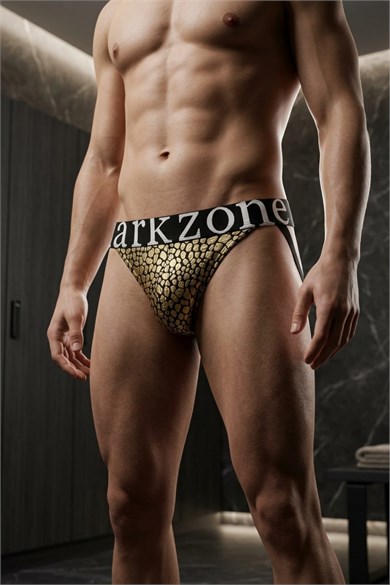 Erkek Fantezi Arkası Açık Gold Mozaik Desenli Deri Jockstrap