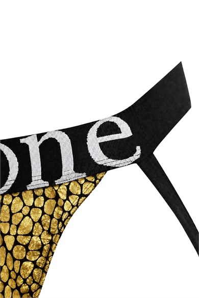 Erkek Fantezi Arkası Açık Gold Mozaik Desenli Deri Jockstrap