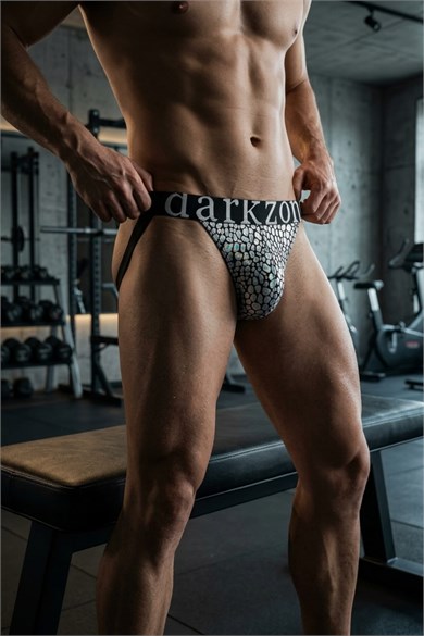 Erkek Fantezi Arkası Açık Silver Mozaik Desenli Deri Jockstrap